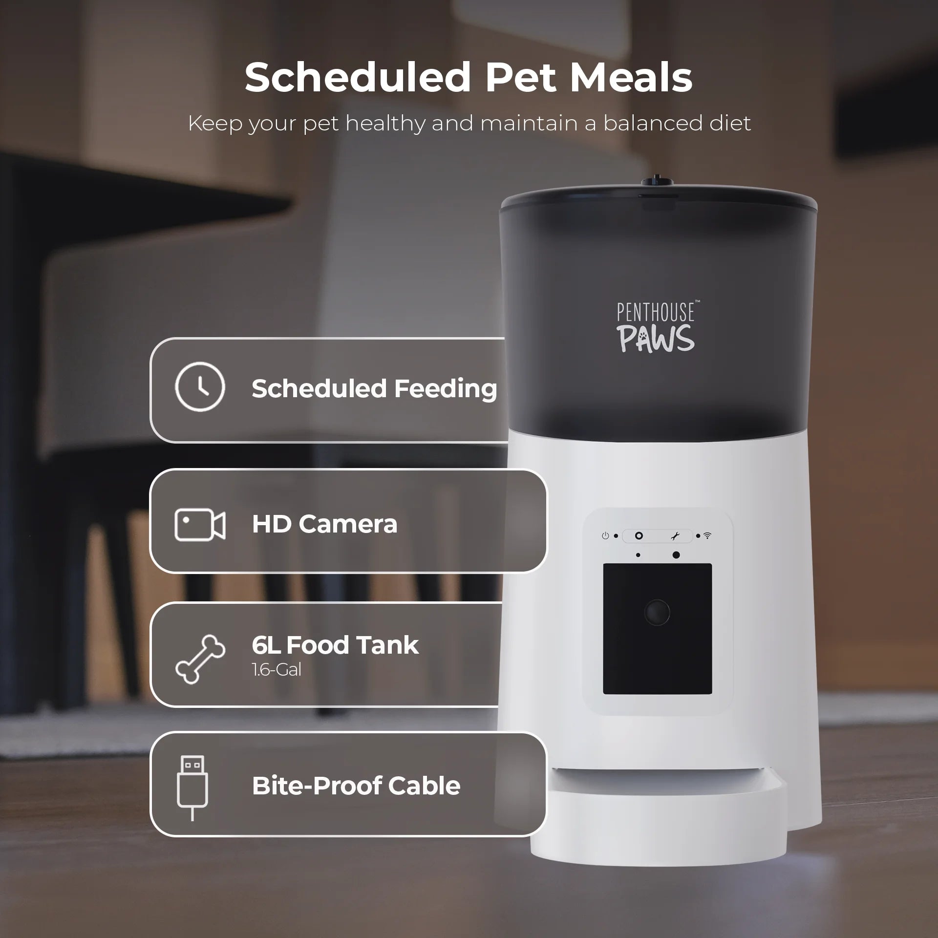 Smart HD Automatic Pet Feeder, 6L Dry Food Capacity, 1080P Camera, 2-Way Audio, Scheduled Meals, Backup Power, Easy to Clean, Anti-Jam Design for Cat and Dog, White